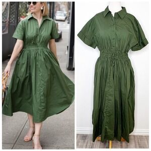 J Crew Womens Elena Midi Shirt Dress Size 10 Olive Green Cotton‎ Poplin Holiday